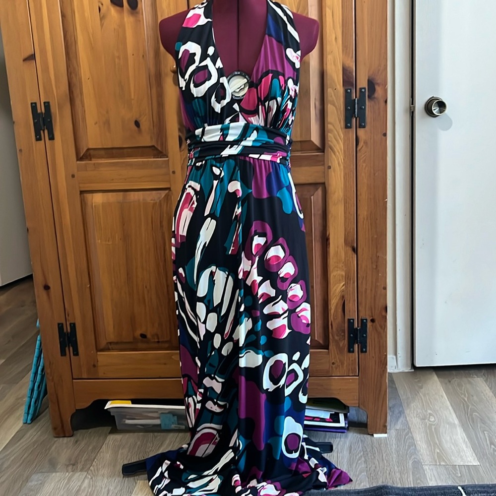 Express Halter Maxi Dress in Teal, Purple & White